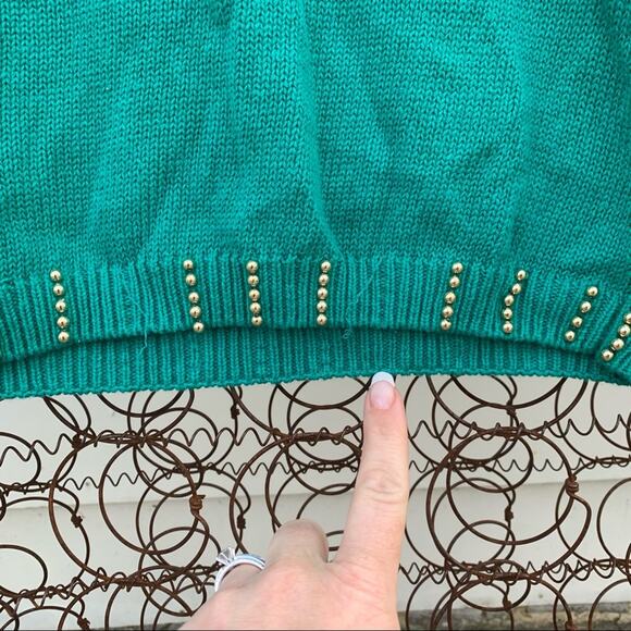 Vintage 90s teal gold art deco beaded cowl neck tunic sweater MEDIUM - Picture 8 of 9